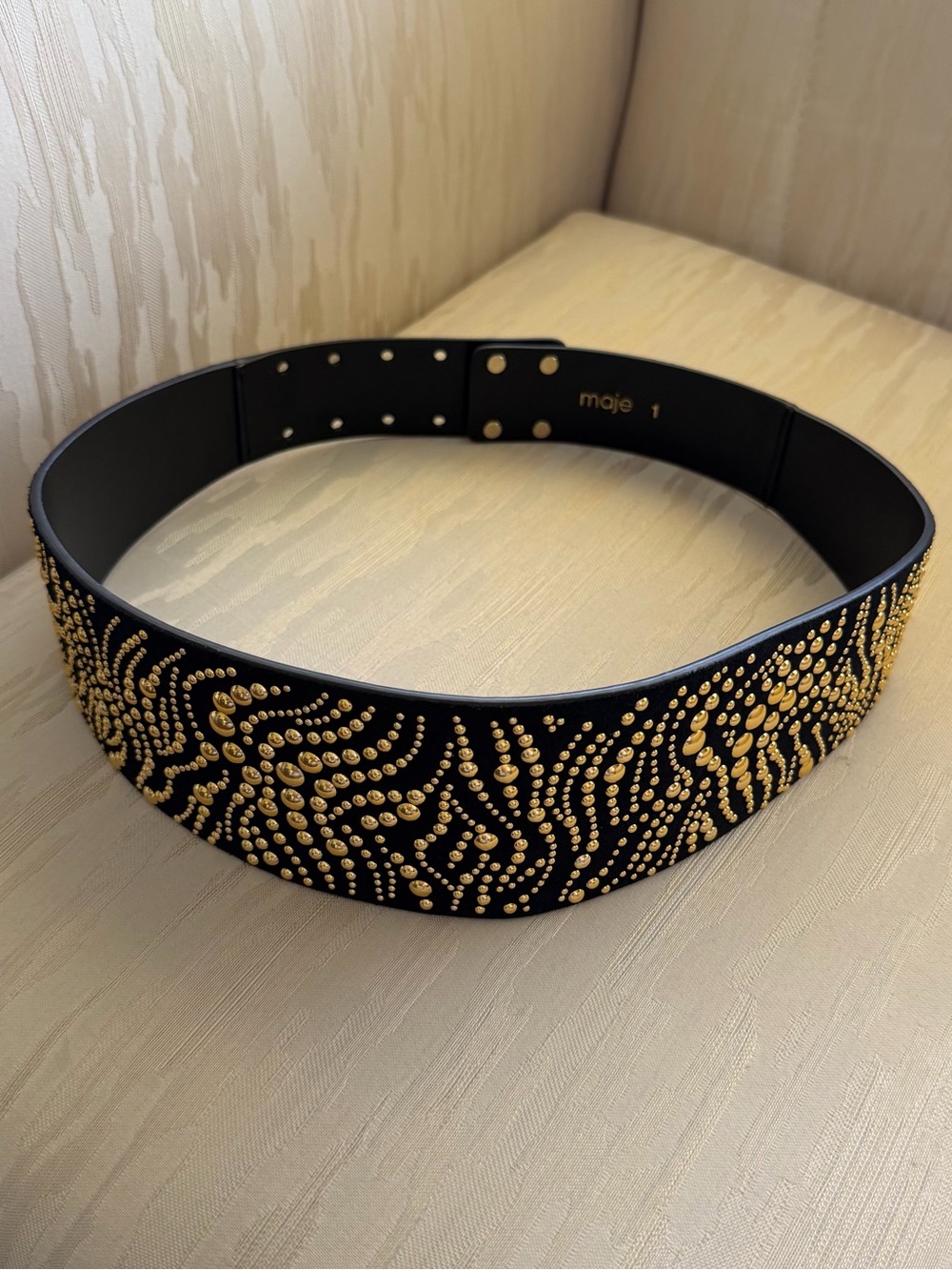Maje Black Leather Belt with Gold Stud Wave Design